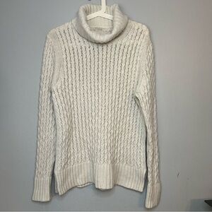 J Crew Pullover Knit Sweater Wool Blend Turtleneck Fisherman White Sz M Thick